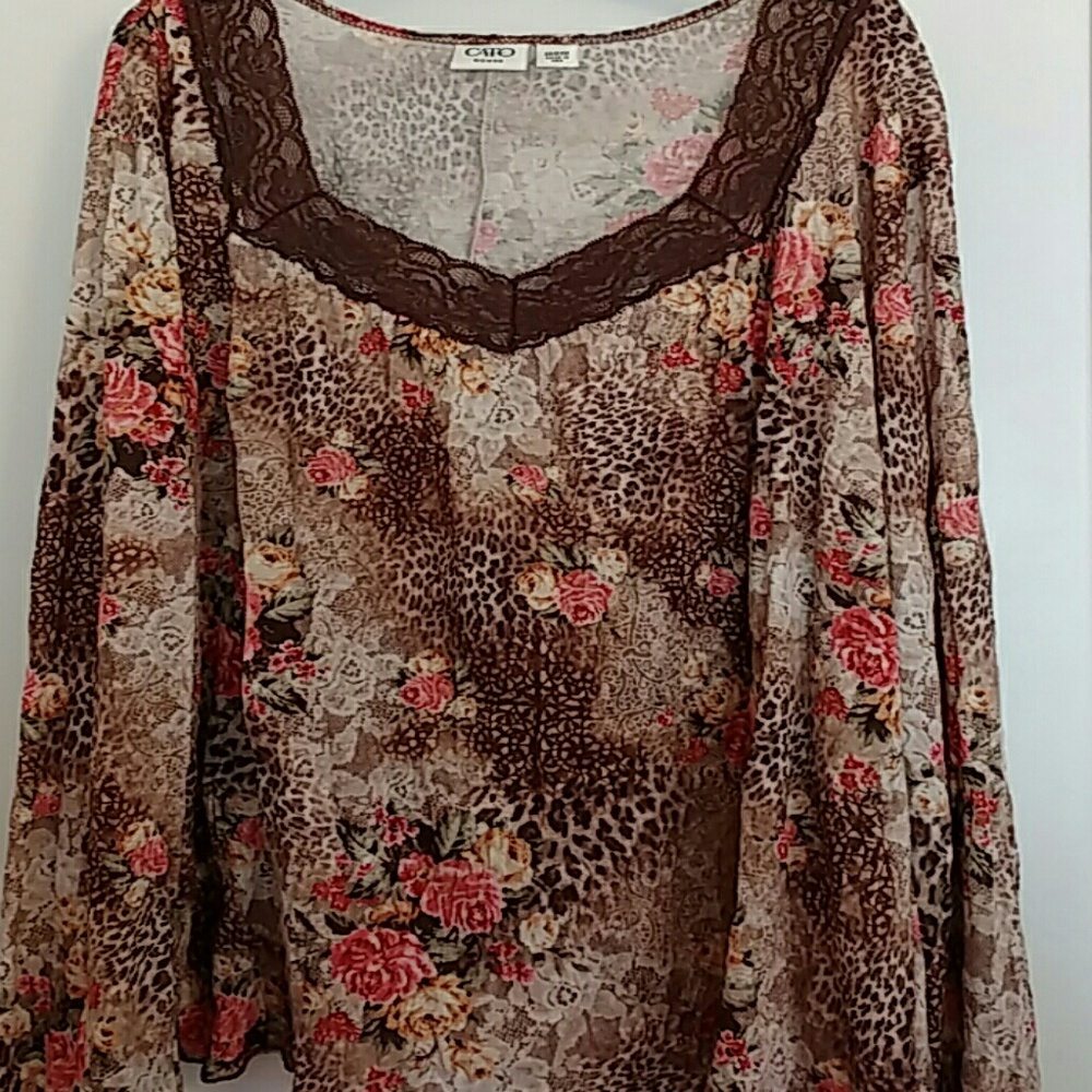 Lace Trimmed Rose Print Long Sleeve Top 22/24W